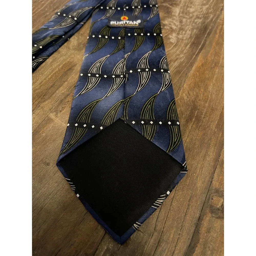 Puritan Special Edition Men's Necktie-Blue & Green Geometric Wave Pattern-U.S.A.